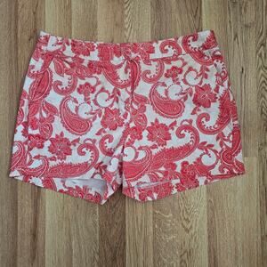 Coral White Paisley Cotton Shorts Size 12 Resort Coastal Summer Preppy